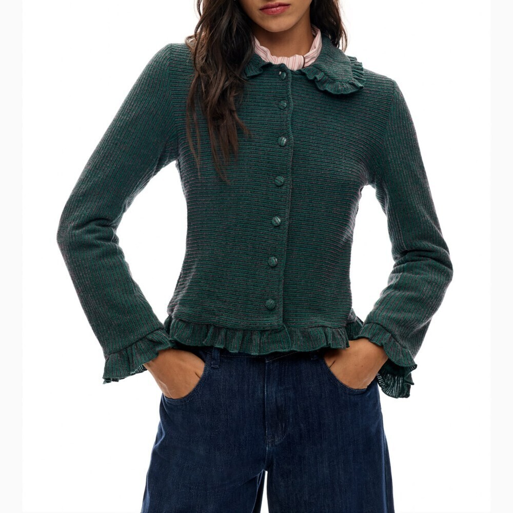 Green Ribbed Knit Ruffle Collar Button Front Cropped Cardigan